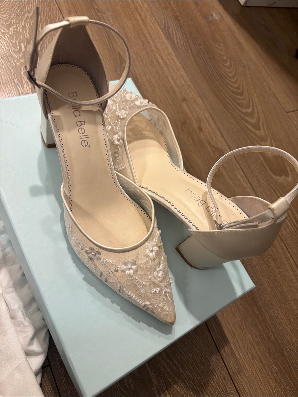 Bella Belle Ivory Lace Pointed Block Heel Sandals with Ankle Strap